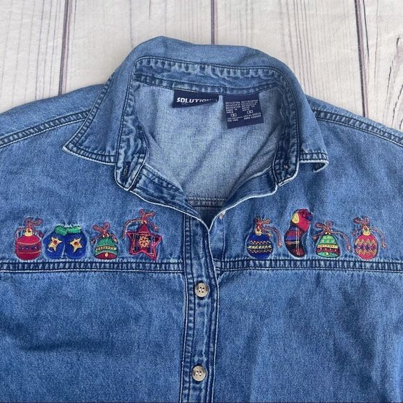 Solutions Denim Christmas Holiday Denim Button Up Shirt Embroidered Small Ugly - Picture 4 of 10
